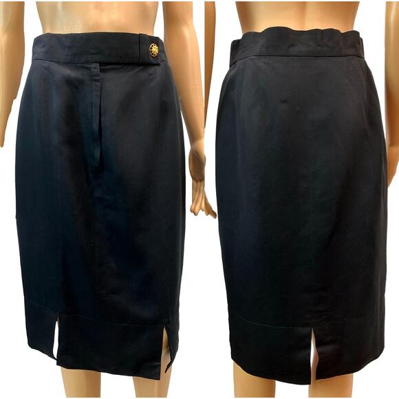 80's Louis Féraud Structured Black Pencil Skirt w Gold Sun Face Button | 28" - Picture 2 of 12